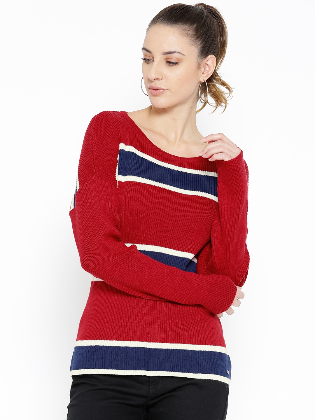 U.S. Polo Assn. Women Red & Navy Blue Striped Sweater Price in India