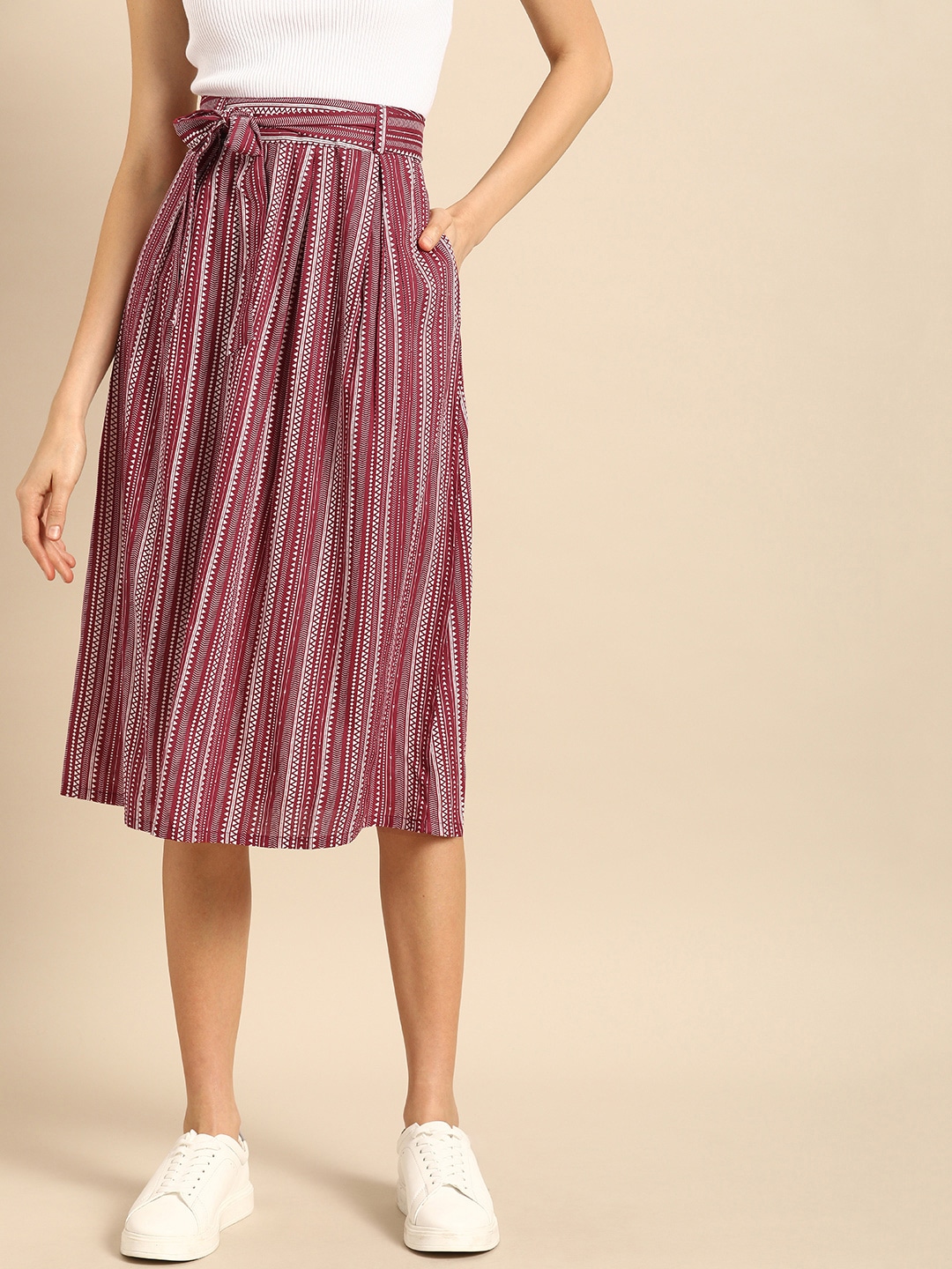 DressBerry Maroon & White Printed Flared Skirt Price in India