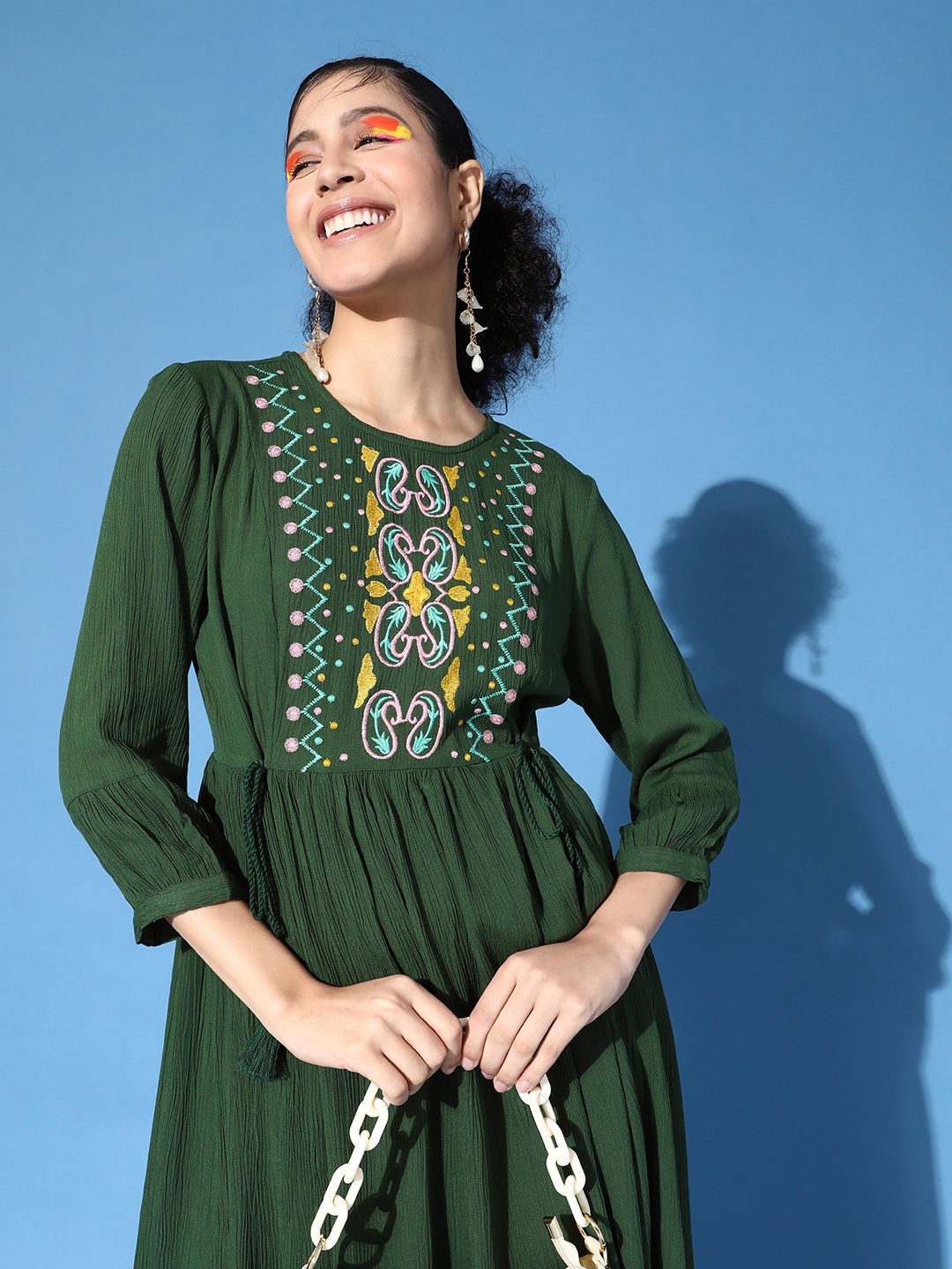 DressBerry Women Gorgeous Green Ethnic Motifs Sun Dress Price in India