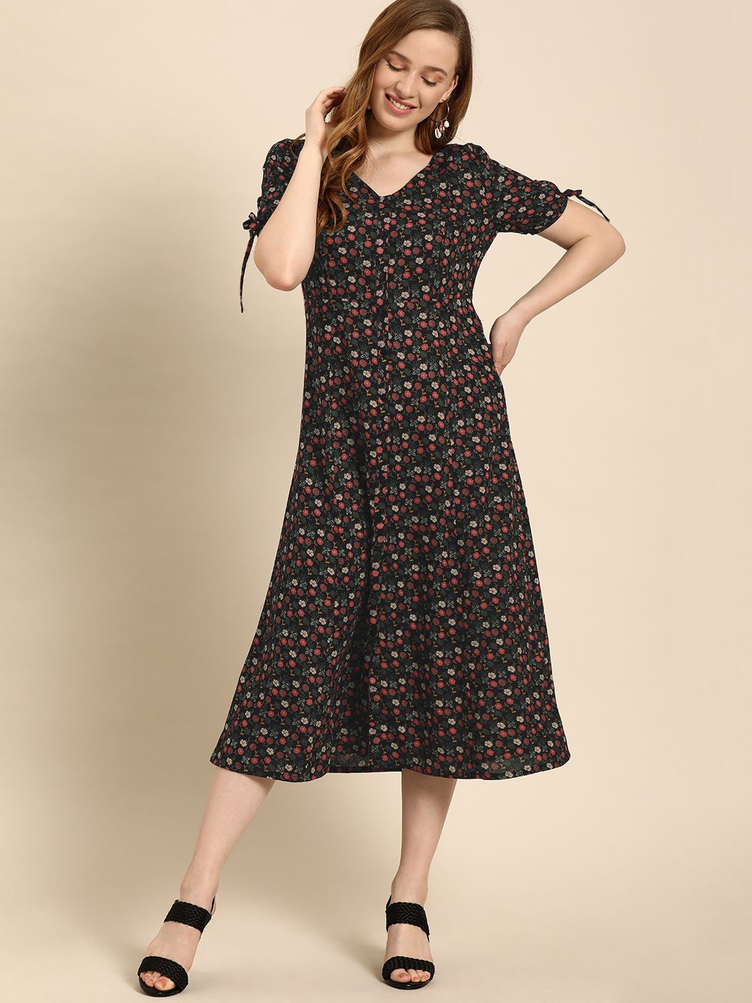 DressBerry Black Floral Printed A-Line Dress Price in India