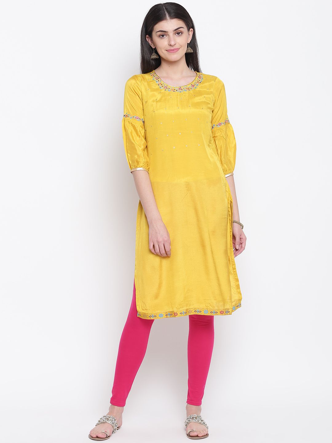 Rangriti Women Yellow Embroidered Detail Straight Kurta