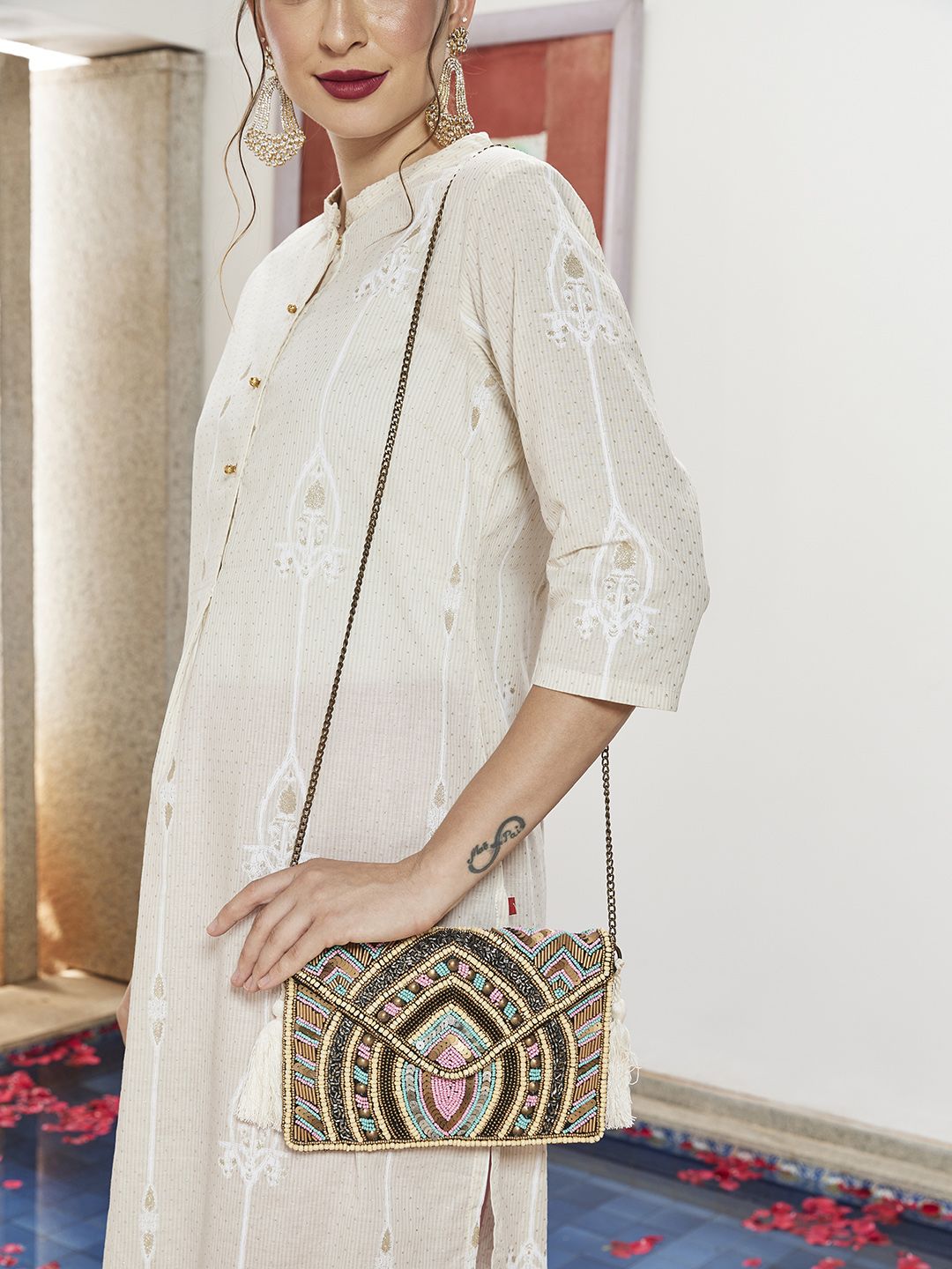 ALII AND ALIIZEY Gold-Toned & Pink Embellished Hand Embroidered Sling Bag Price in India