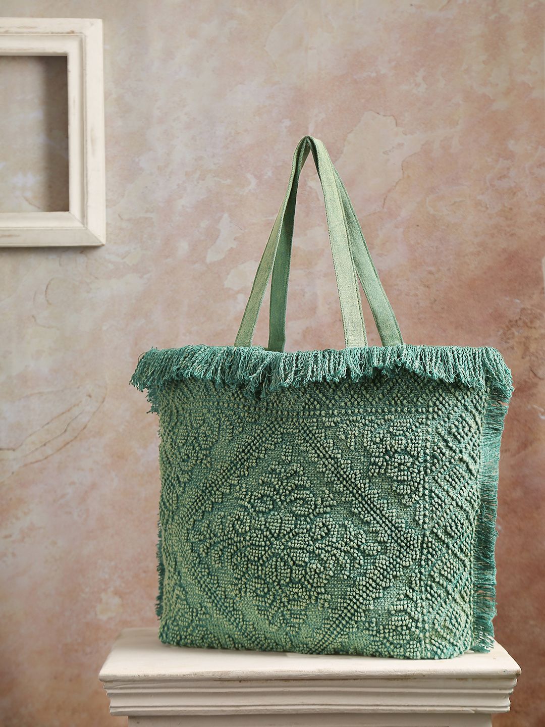 ALII AND ALIIZEY Green Self Design Tote Bag Price in India