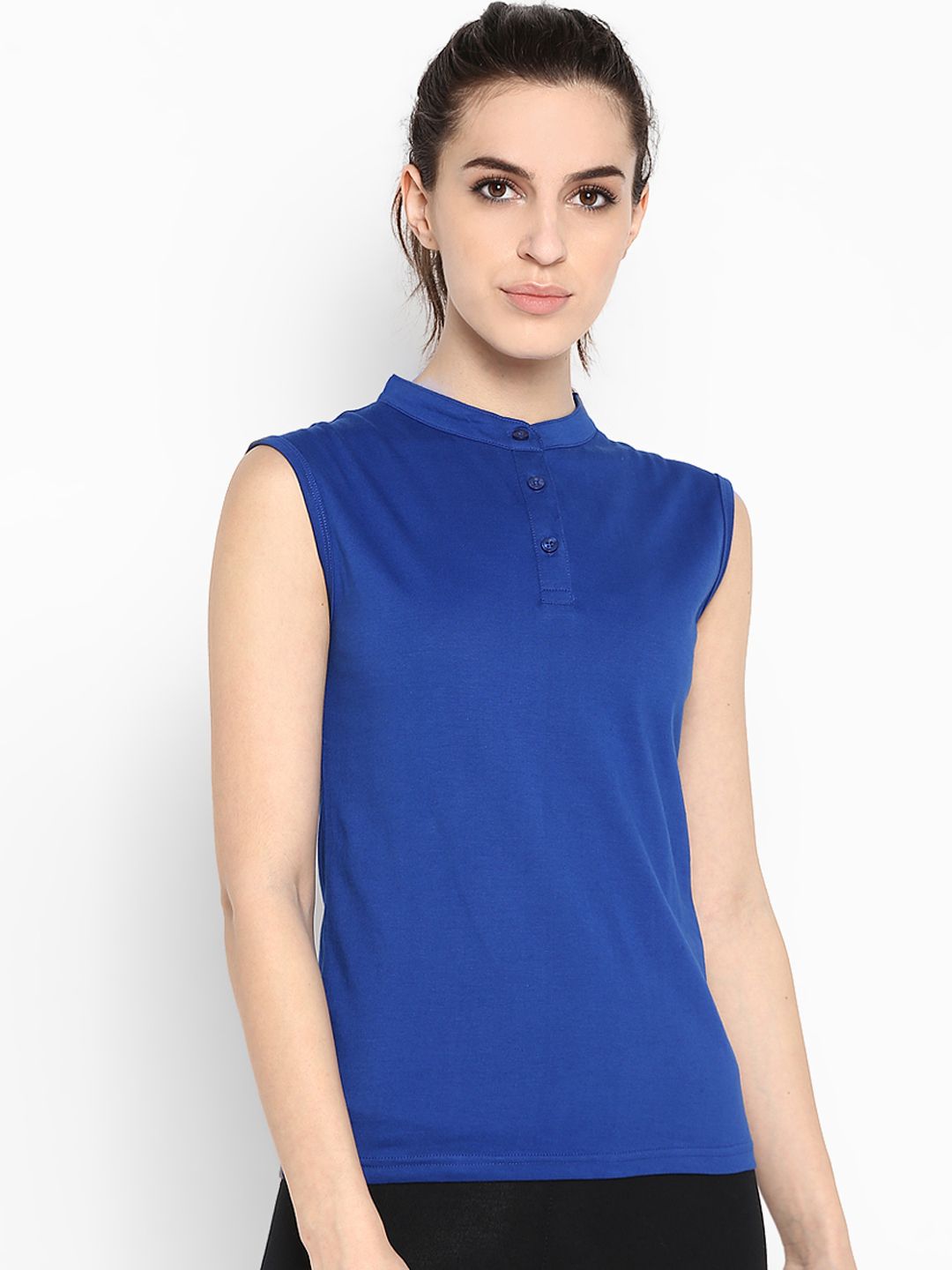 appulse Women Blue Solid Mandarin Collar T-shirt Price in India