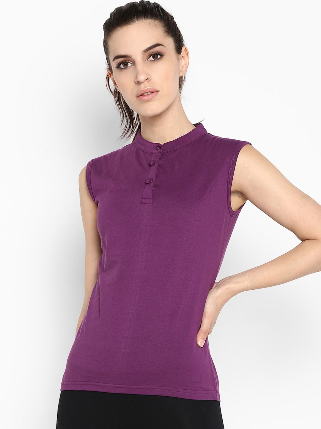 appulse Women Purple Solid Mandarin Collar T-shirt Price in India