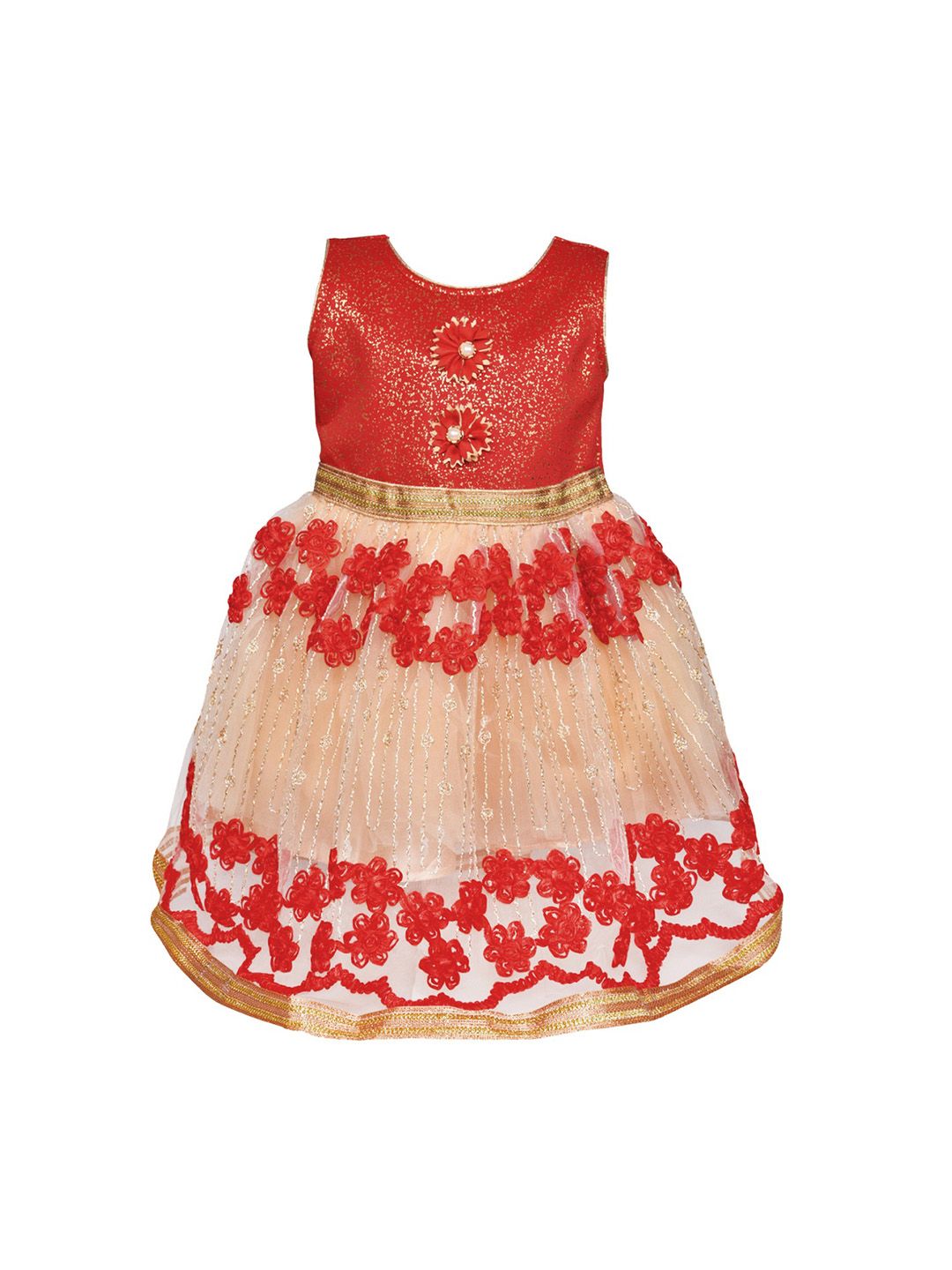 Wish Karo Girls Red & Beige Net Embroidered Fit & Flare Dress with Applique Detail
