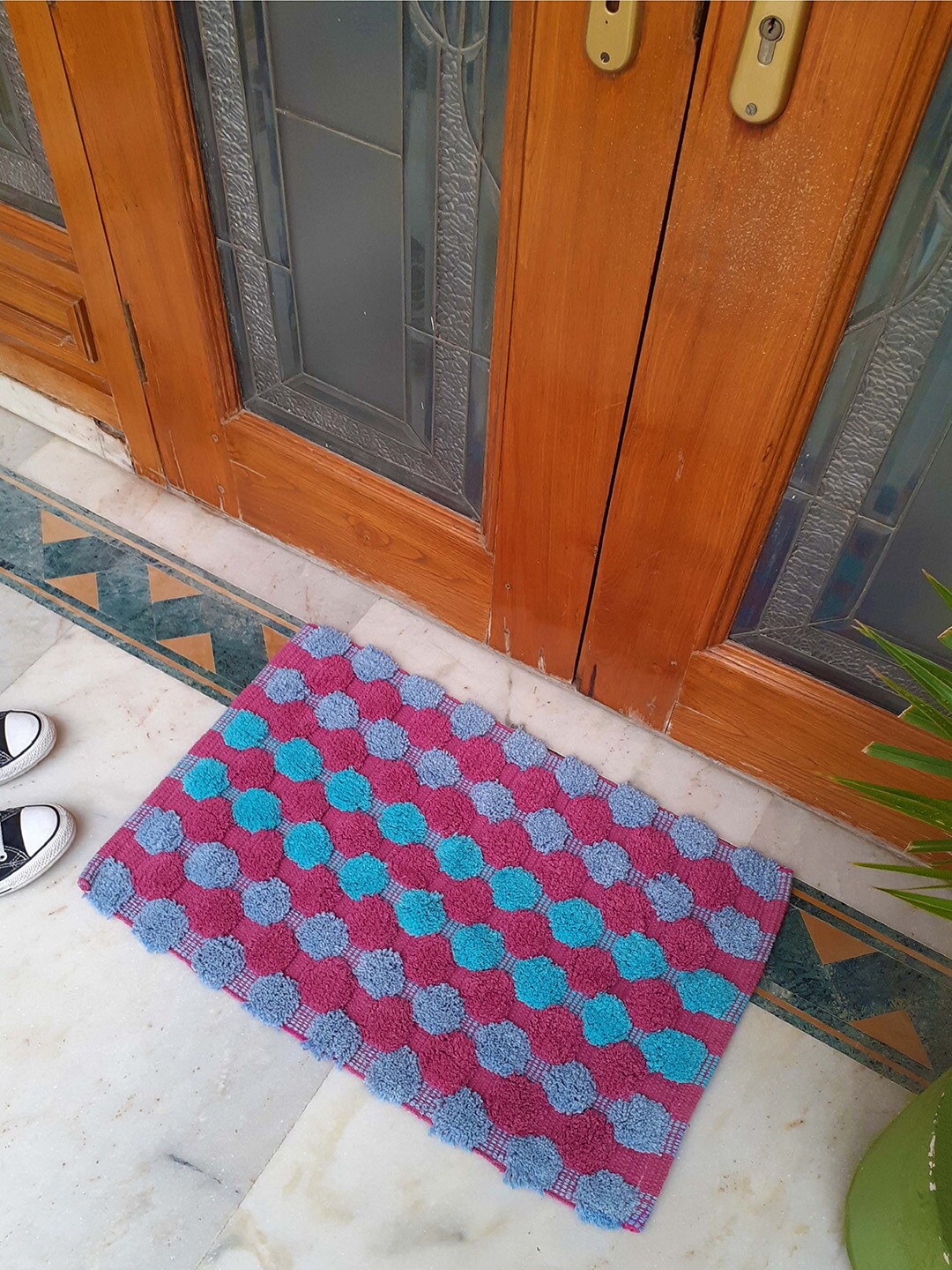 Avira Home Pink & Blue Pom Pom Handloom 1600 GSM Cotton Doormat Price in India