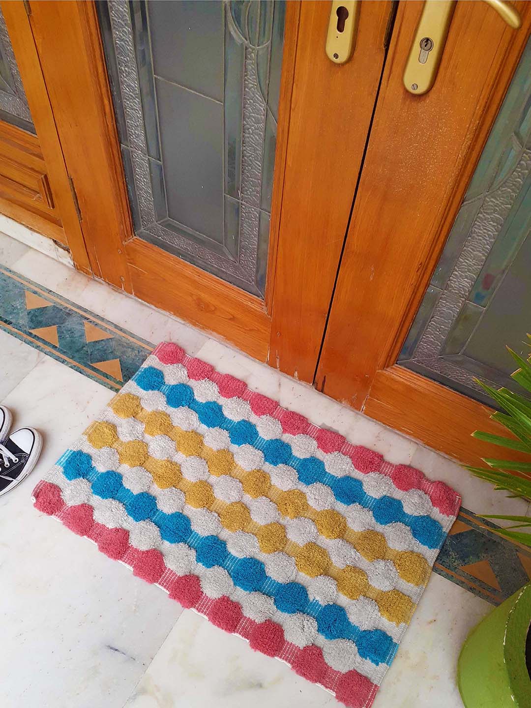 Avira Home Multicoloured Pom Pom Handloom 1600 GSM Cotton Doormat Price in India