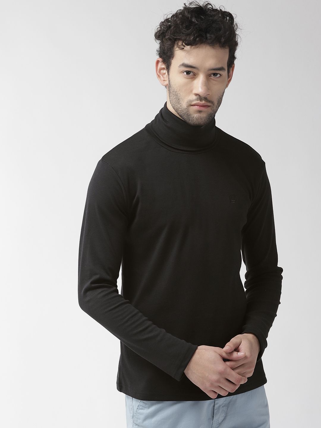 CHKOKKO Men Black Solid Turtle Neck T-shirt