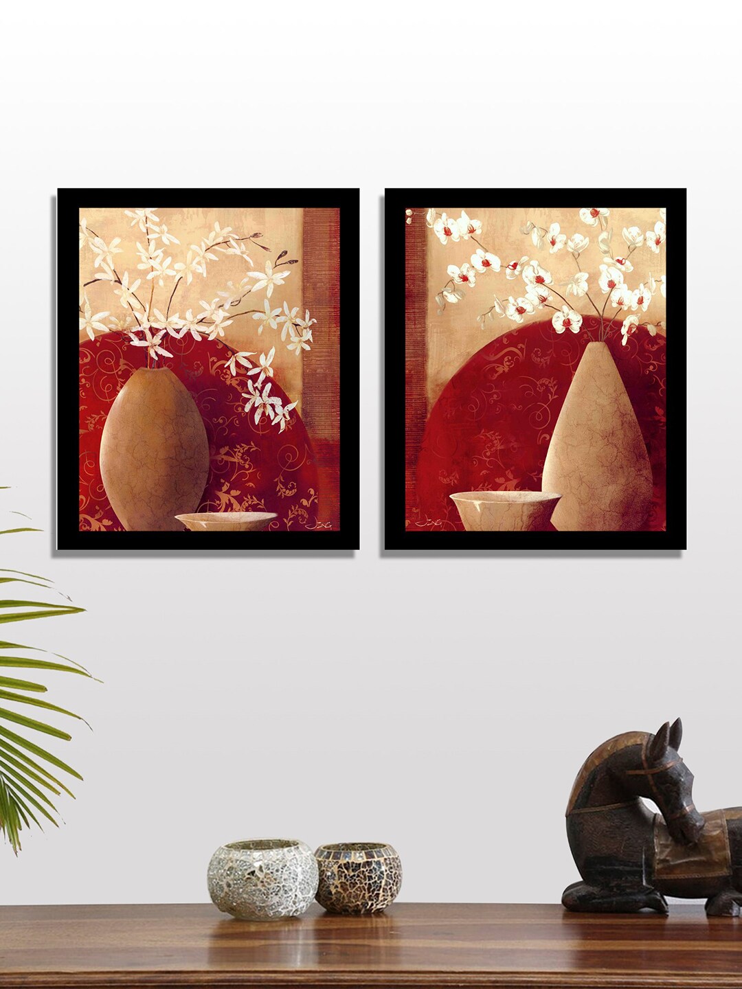 Art Street Set of 2 Multicoloured Flower Vase UV Wall Art With Wooden Frame Price in India