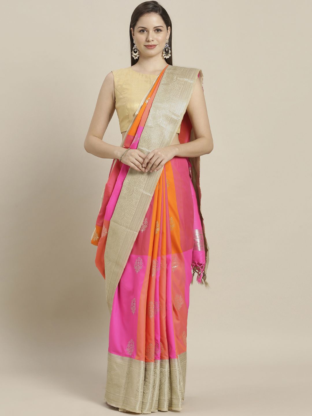 Varkala Silk Sarees Orange & Peach-Coloured Silk Blend Woven Design Kanjeevaram Saree Price in India