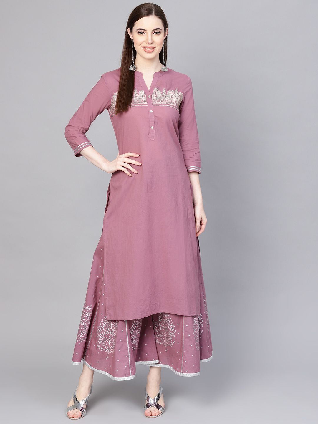 Varanga Women Mauve & Silver Yoke Design Kurta with Palazzos