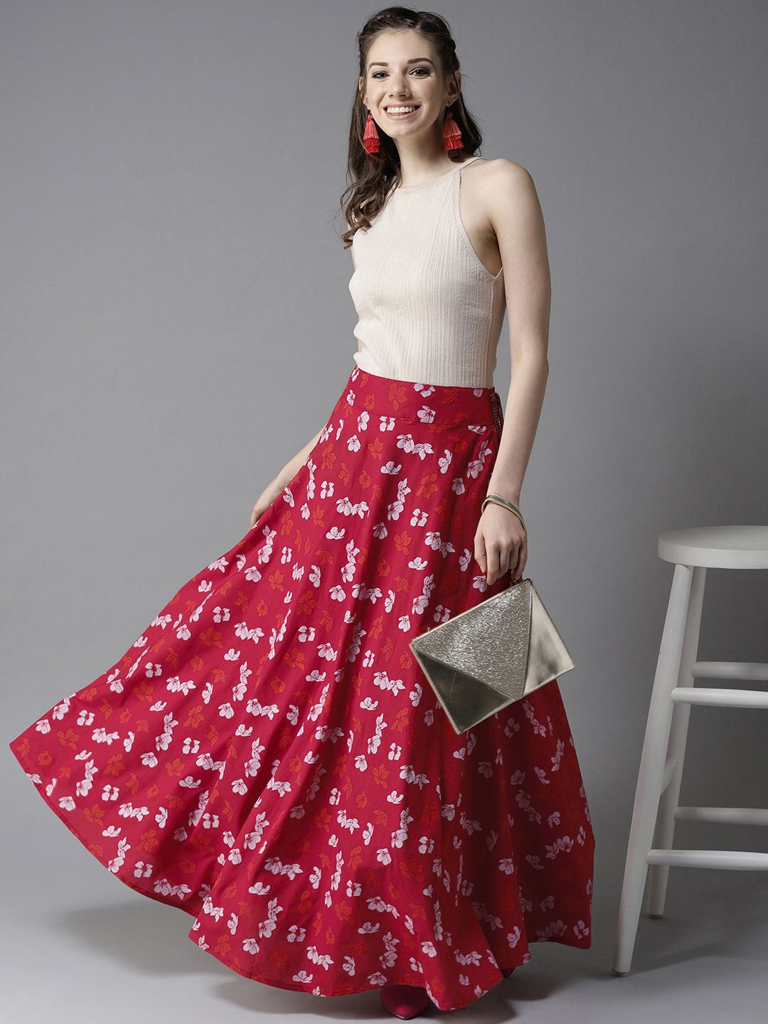 HERE&NOW Red & White Printed Pure Cotton Flared Maxi Skirt Price in India