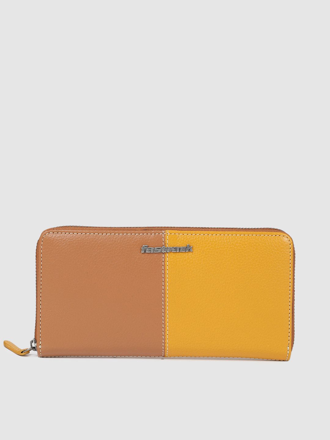 Fastrack Women Tan & Yellow Colourblocked Zip Around Leather Wallet Price in India