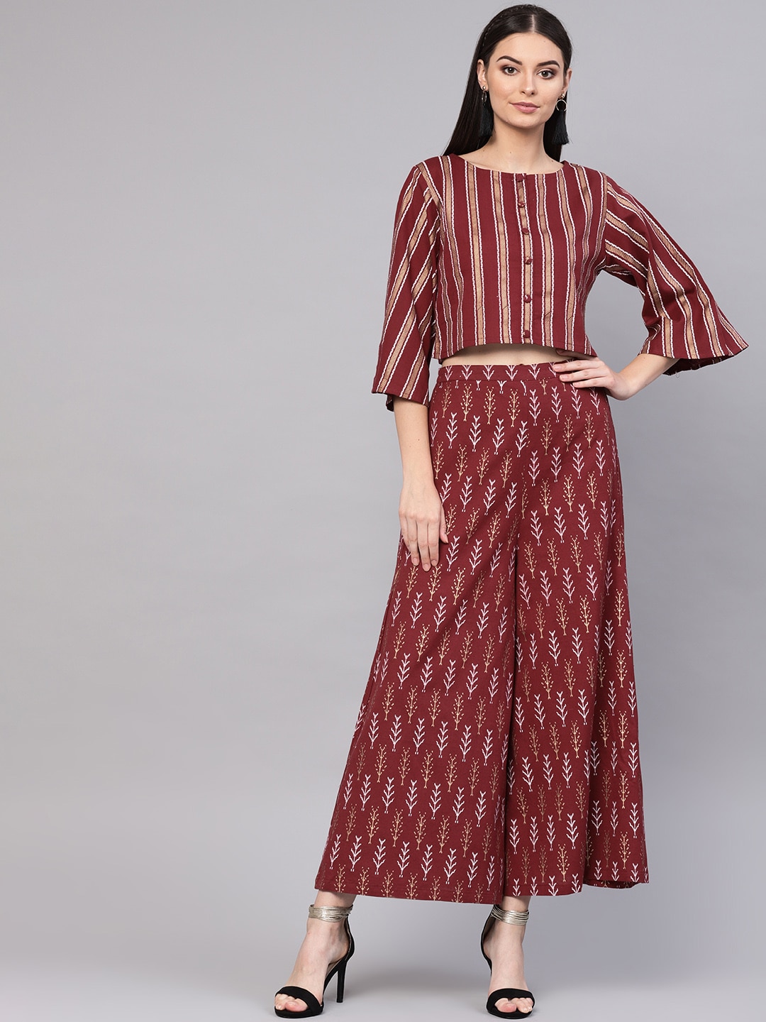 Indo Era Women Maroon & Golden Foil Print Top with Palazzos Price in India