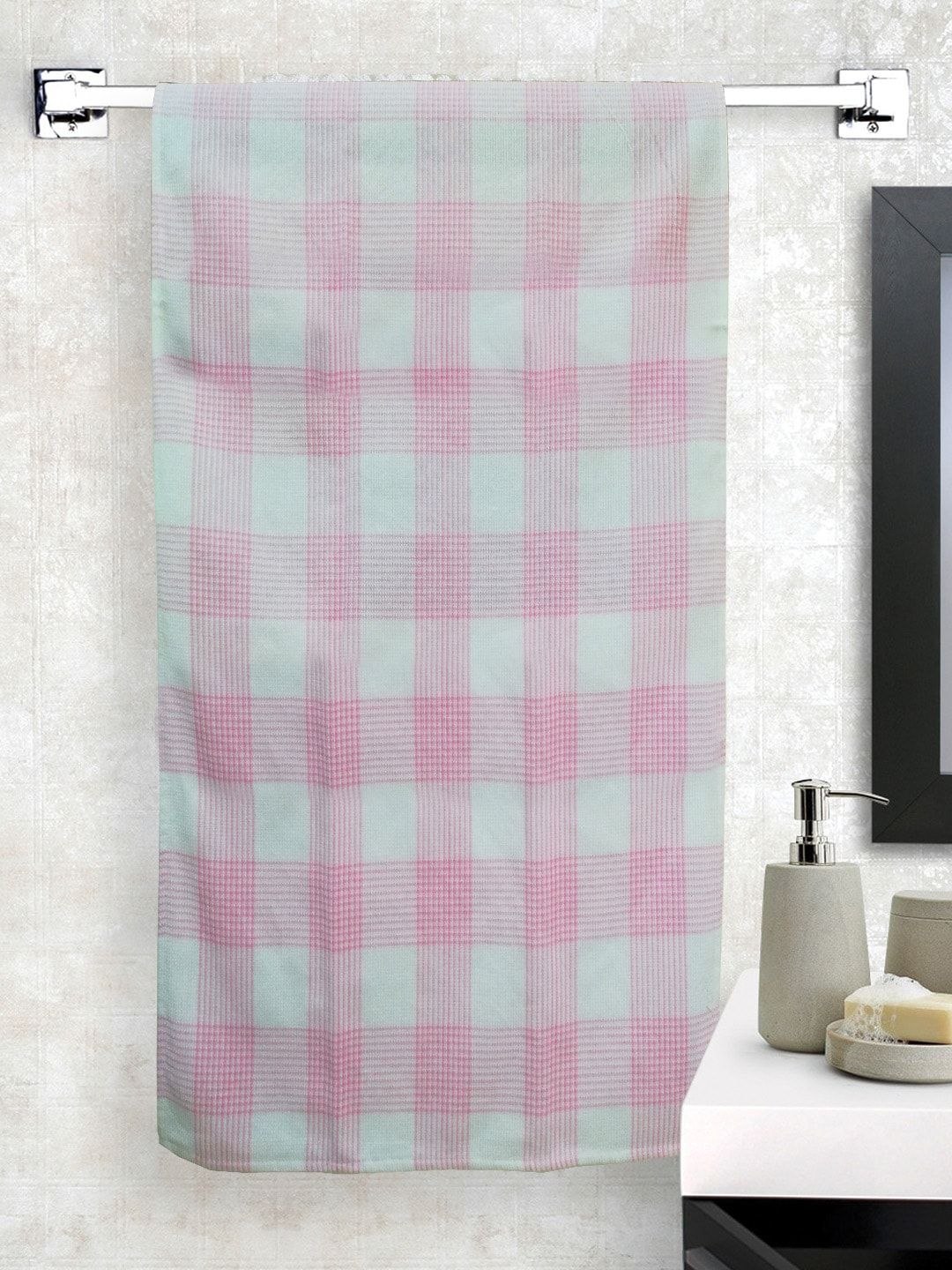 Athom Trendz Pink & Green Checked Cotton Bath Towel Price in India