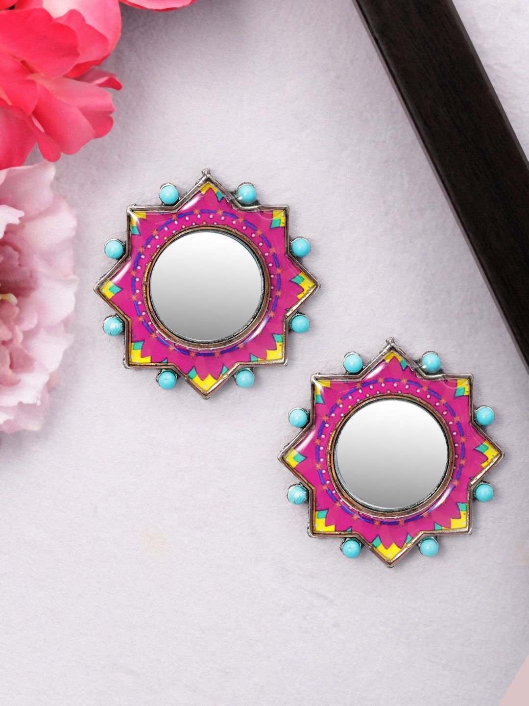 Rubans Silver-Plated & Pink Handcrafted Circular Studs Price in India