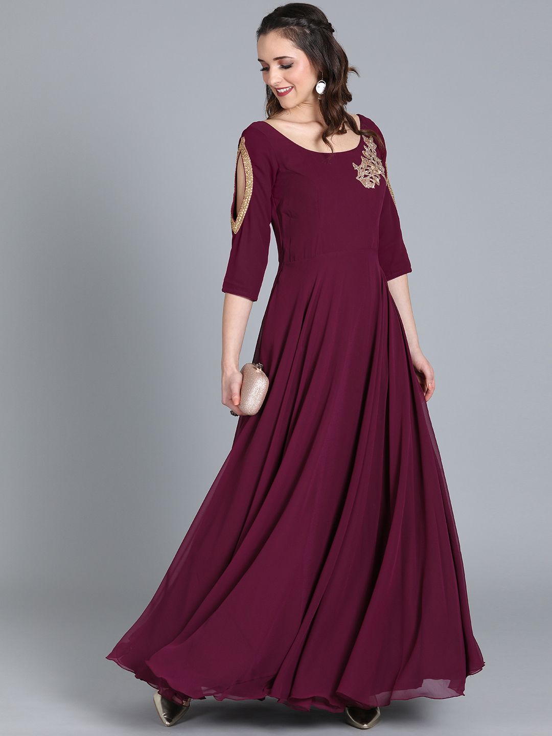 EthnoVogue Women Burgundy Solid Made To Measure Maxi Dress With Embroidered Detailing Price in India