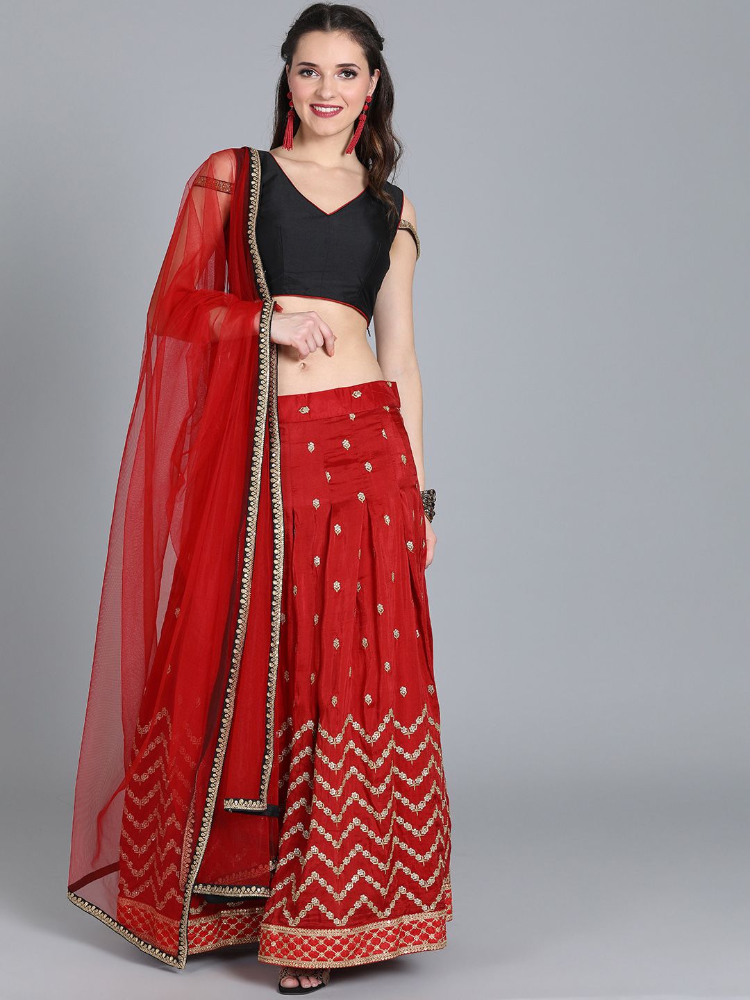EthnoVogue Black & Red Embroidered Made to Measure Lehenga & Blouse with Dupatta