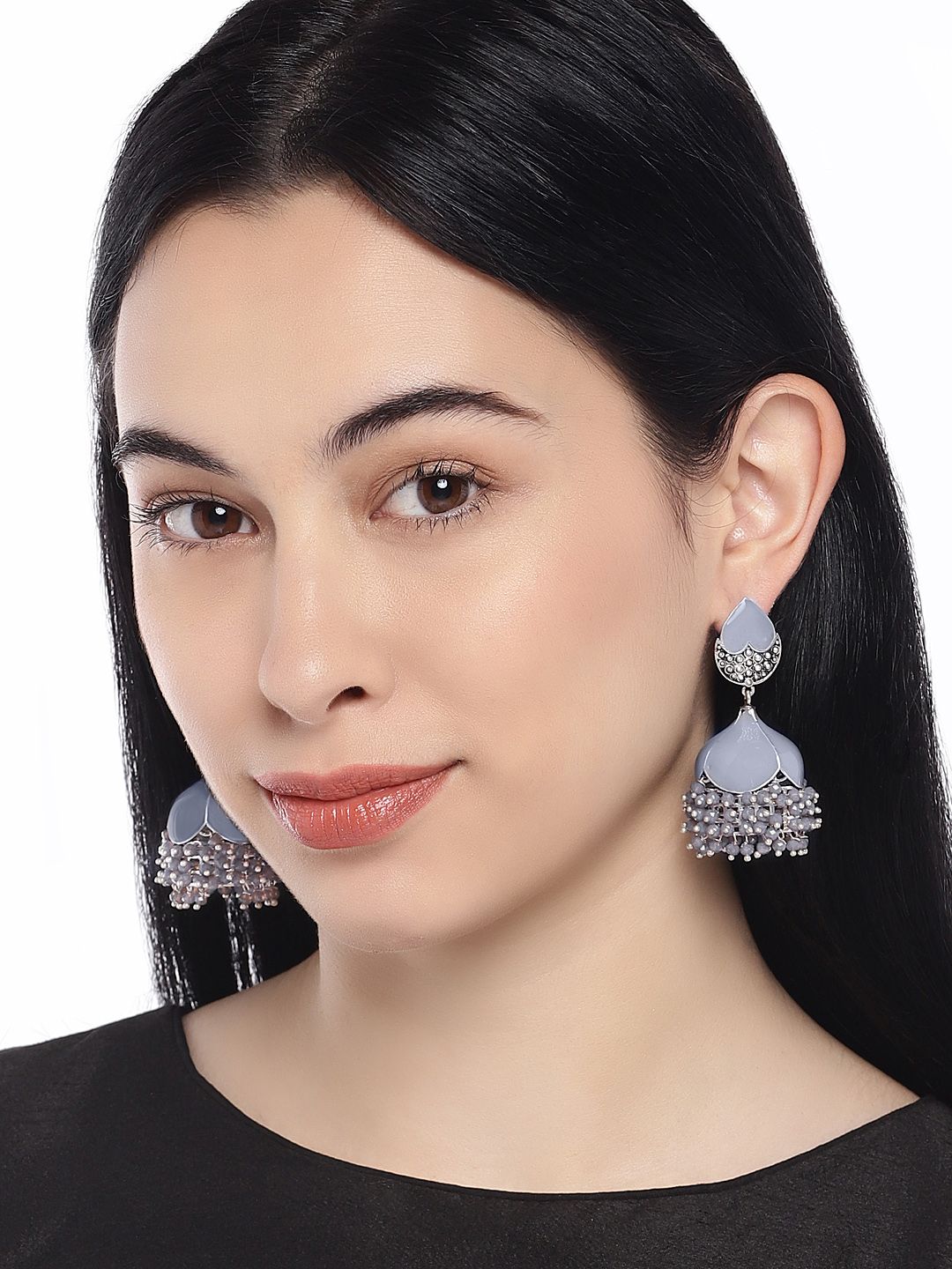 Peora Women Silver-Plated Grey Oxidised Contemporary Jhumkas Price in India