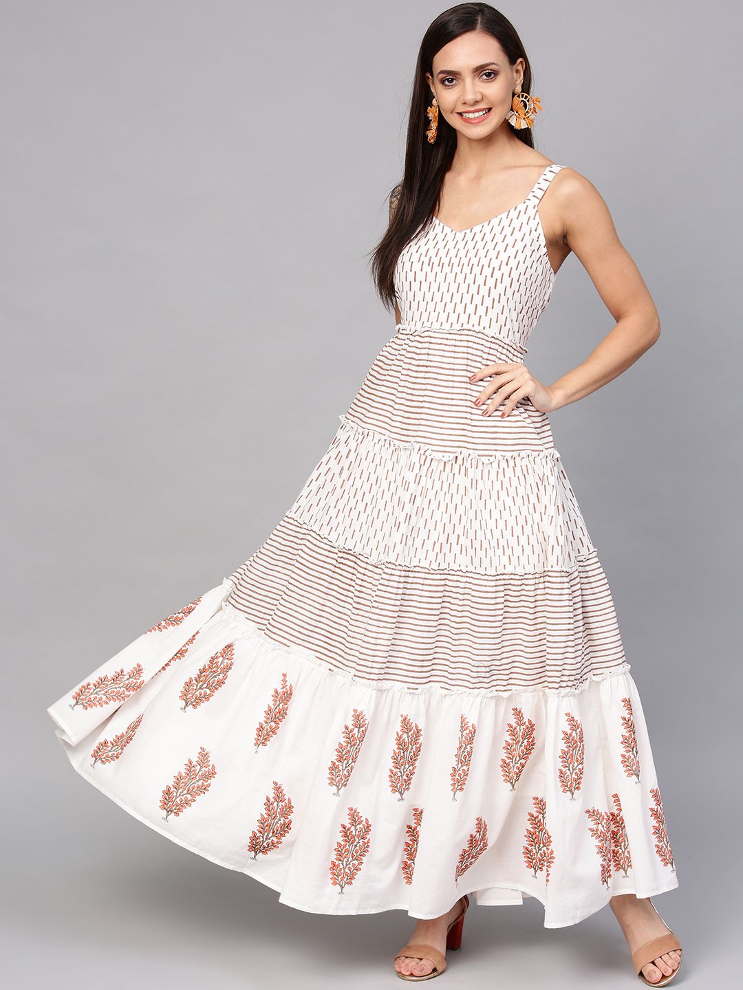 Geroo Jaipur Off-White Handblock Printed Pure Cotton Maxi Sustainable Dress Price in India