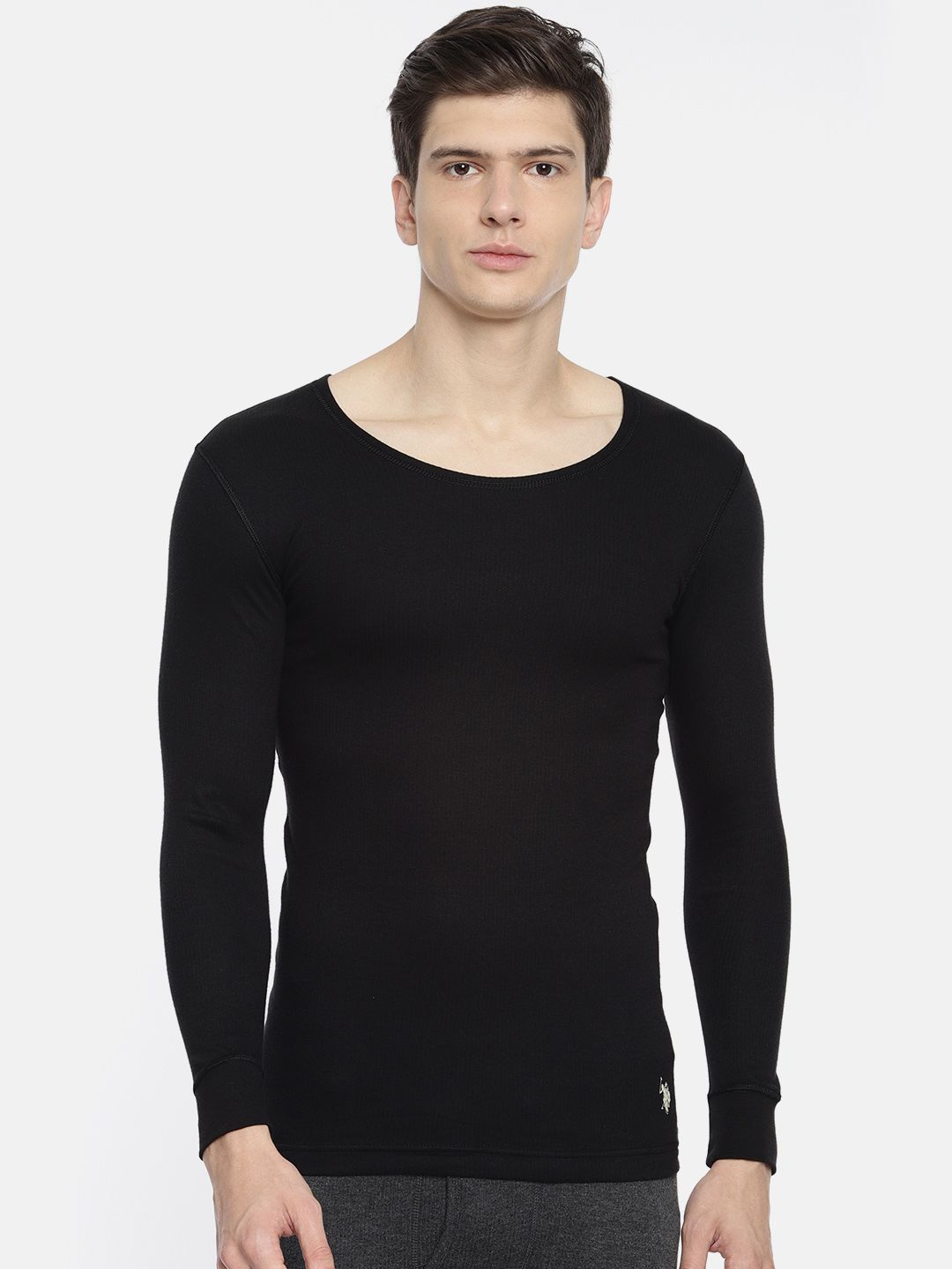 U.S. Polo Assn. Men Black Solid Round Neck Knitted Thermal T-shirt I652-002-PL-L Price in India