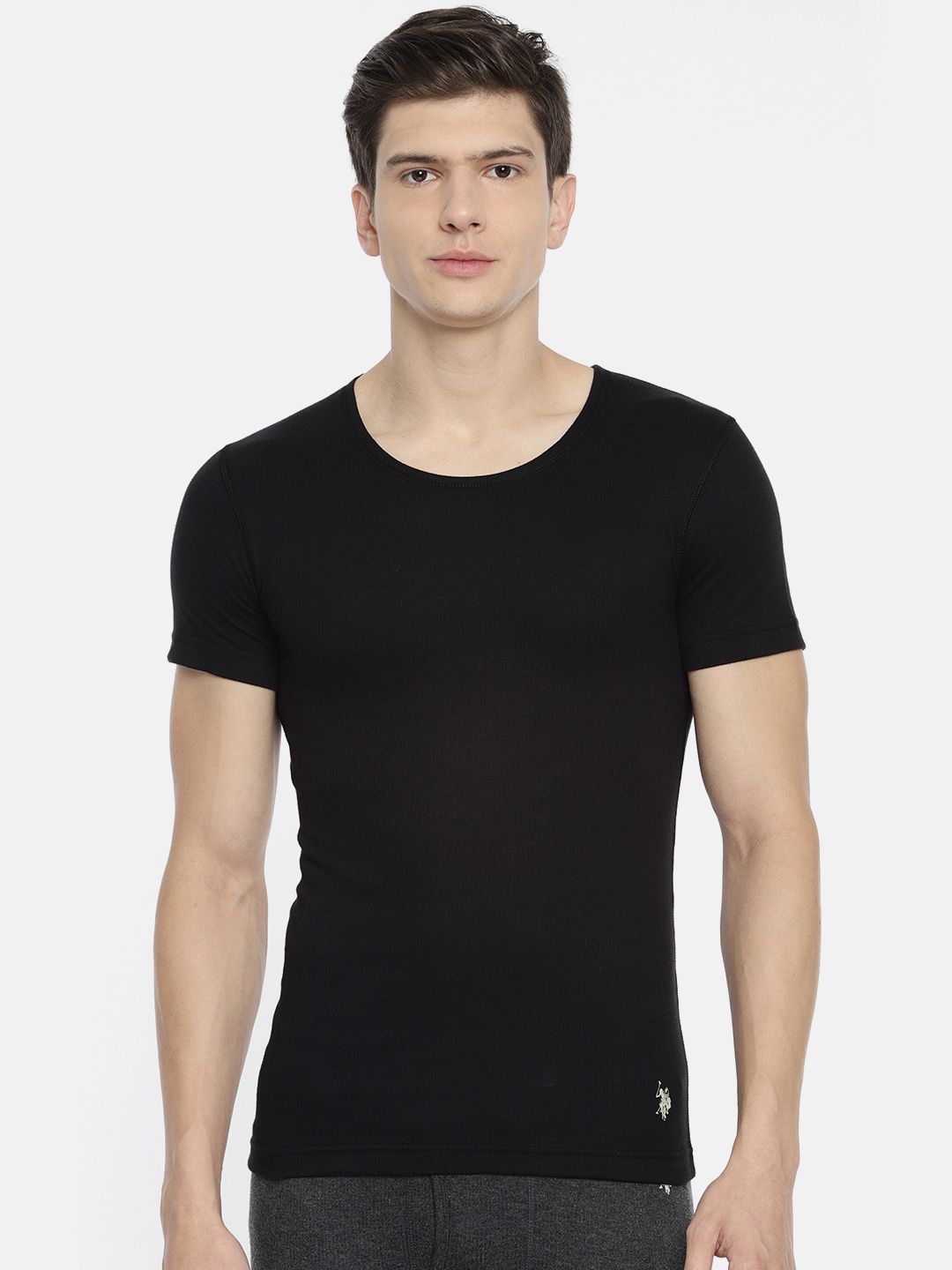 U.S. Polo Assn. Men Black Solid Round Neck Knitted Thermal T-shirt I651-002-PL-L