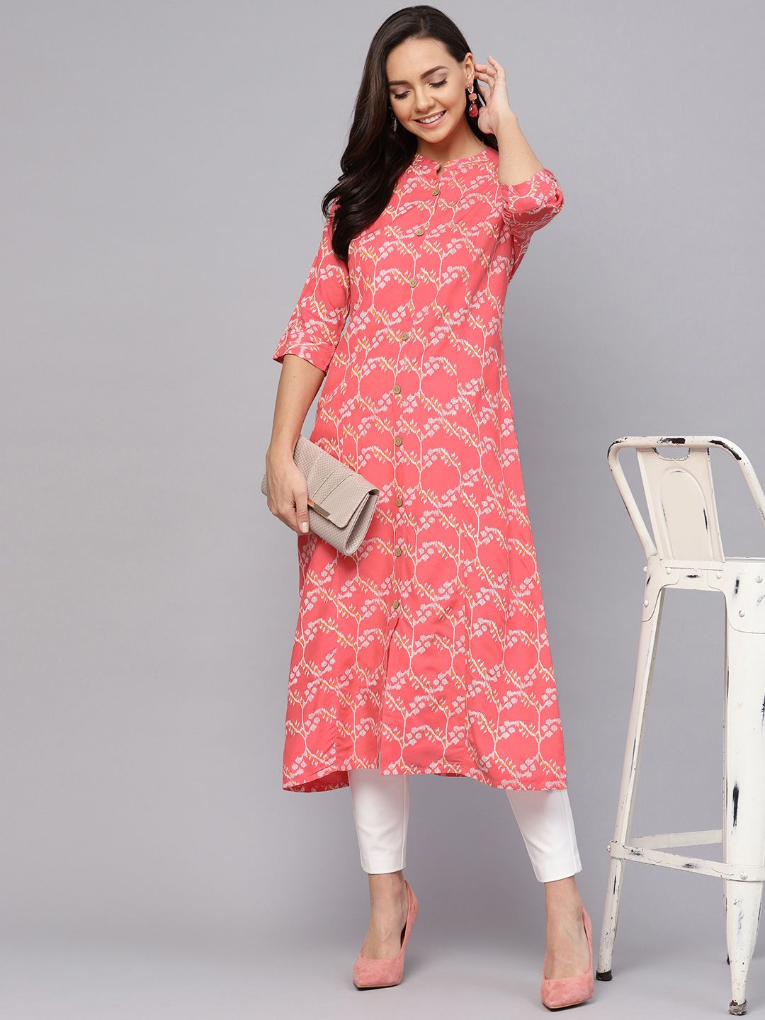 Anubhutee Women Coral Pink & Off-White Printed A-Line Kurta Price in India