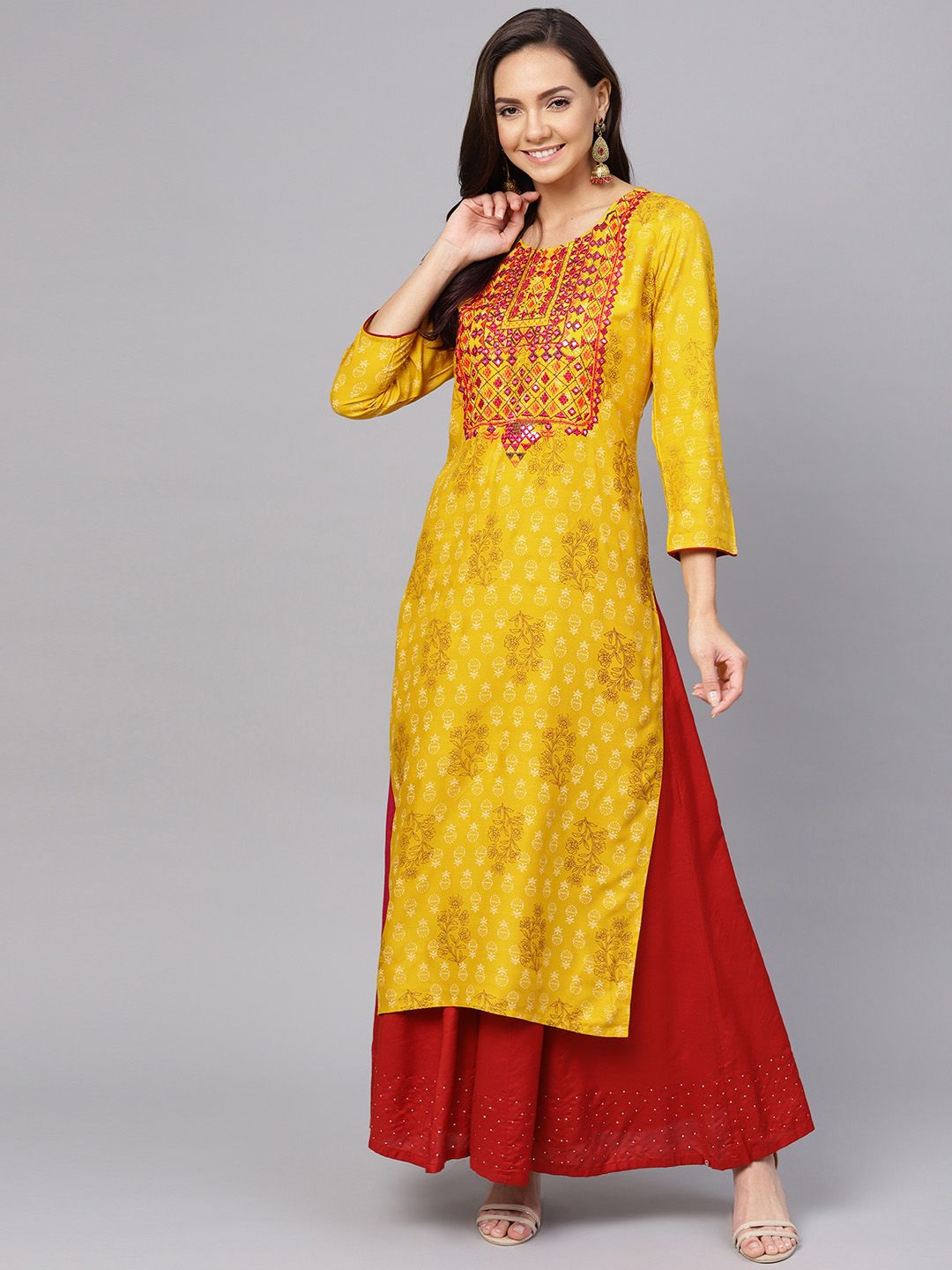 Anubhutee Women Mustard Yellow & Brown Screen Printed Straight Kurta Price in India