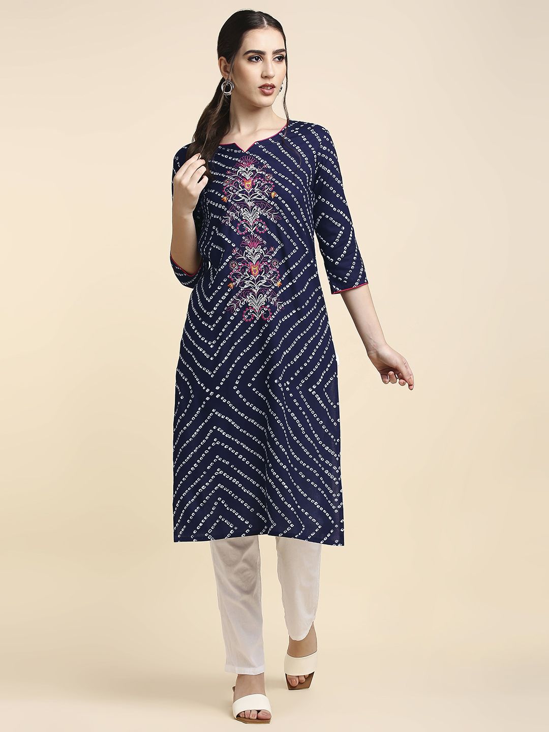 Anubhutee Women Navy Blue & White Bandhej Printed Straight Kurta Price in India