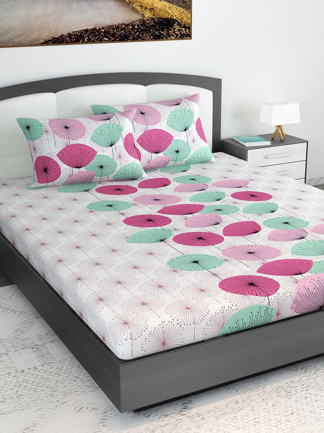 Divine Casa White & Pink Floral 144 TC Cotton 1 King Bedsheet with 2 Pillow Covers Price in India