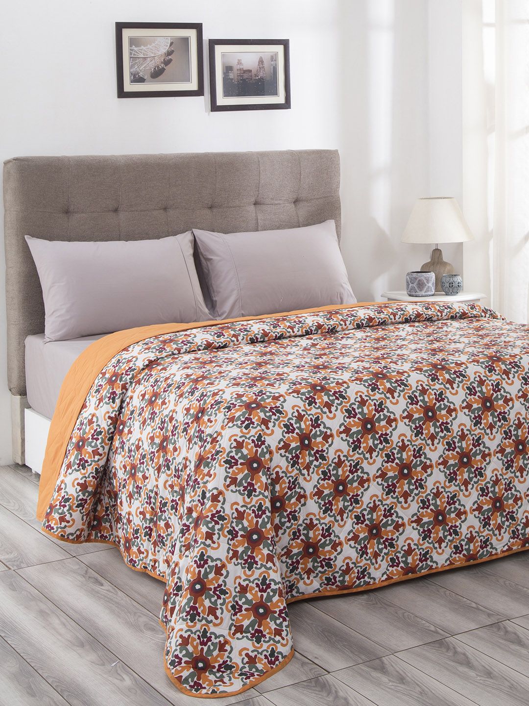 In-House by maspar Orange Ethnic Motifs Summer 100 GSM Cotton Reversible Double Comforter Price in India