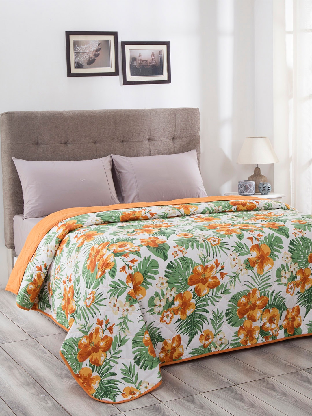 In-House by maspar Yellow Floral Summer 100 GSM Cotton Reversible Double Comforter Price in India