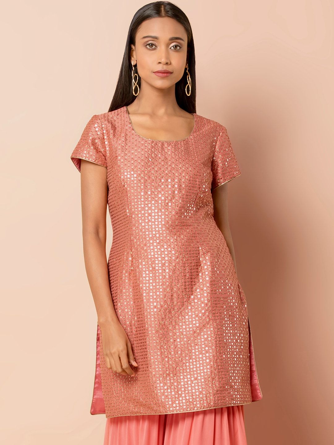 INDYA Women Pink Embellished Straight Kurti Price in India