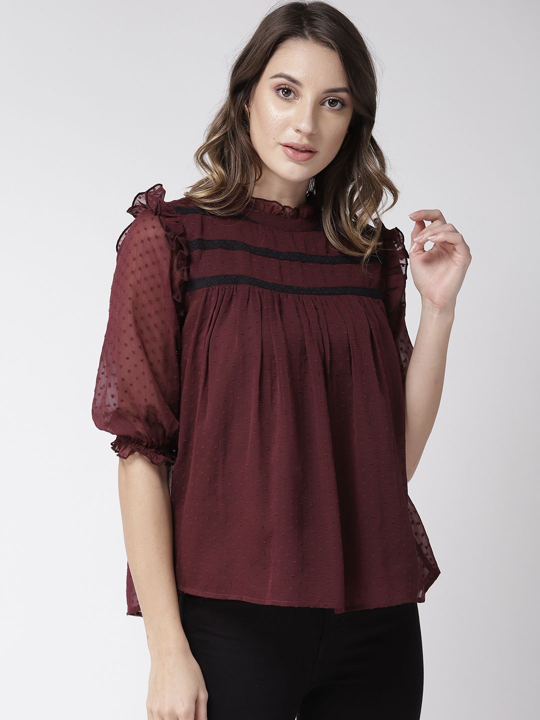 Antheaa Women Burgundy Self-Design Top