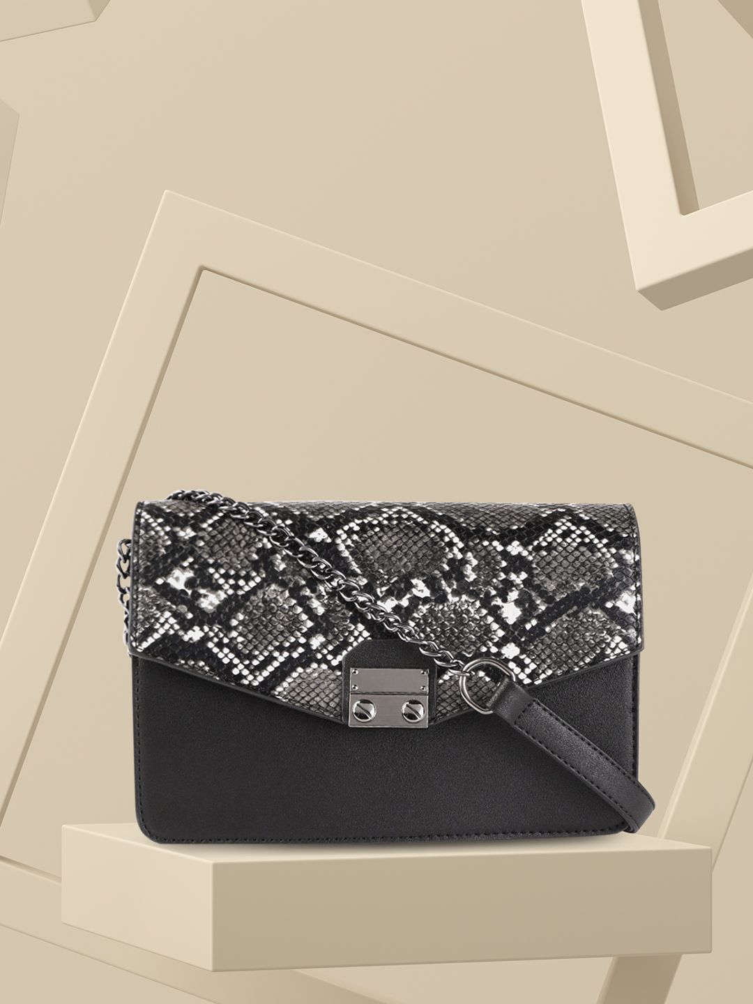 DressBerry Black & Charcoal Grey Snakeskin Textured Sling Bag Price in India