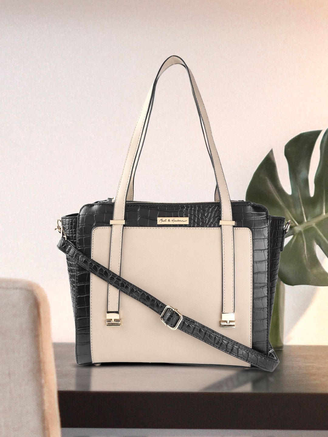 Mast & Harbour Beige & Black Colourblocked Shoulder Bag with Croc Textured Detail Price in India