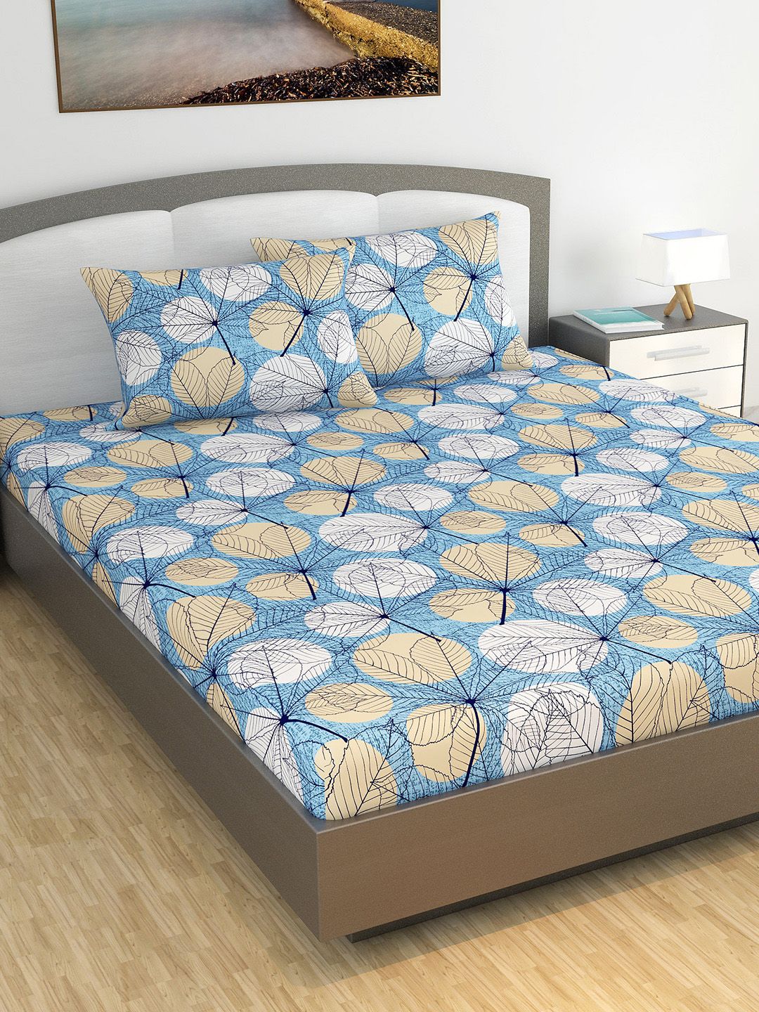 Divine Casa Blue & Brown Floral 144 TC Cotton 1 King Bedsheet with 2 Pillow Covers Price in India