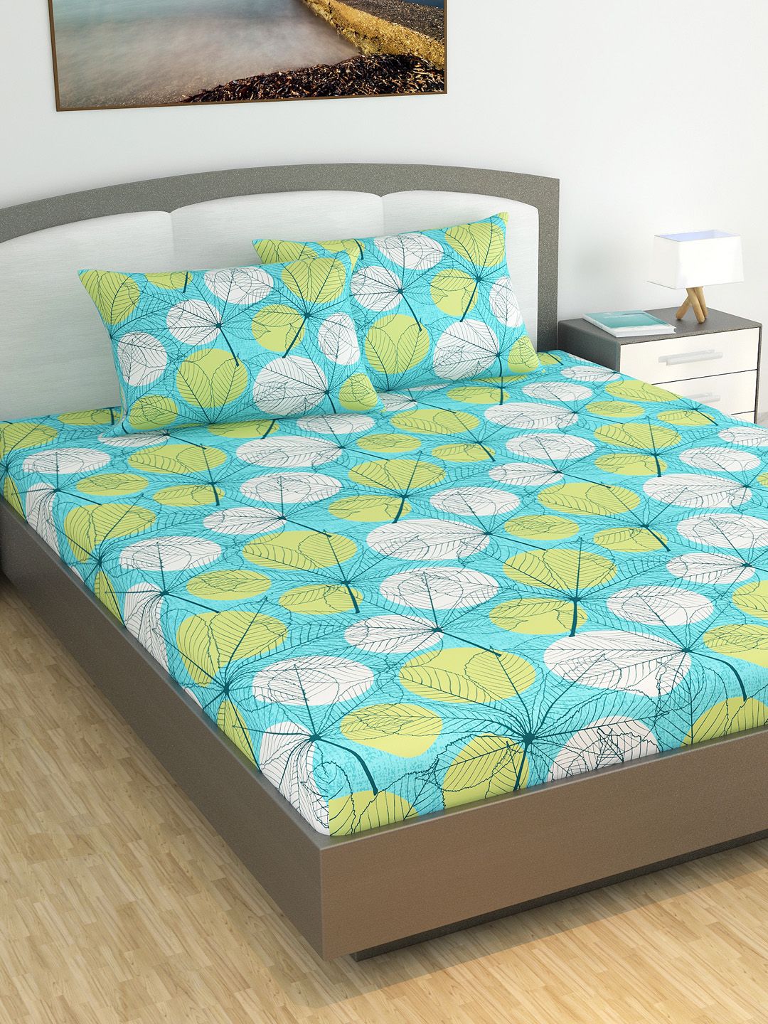 Divine Casa Turquoise Blue & Green Floral 144 TC Cotton 1 King Bedsheet with 2 Pillow Covers Price in India