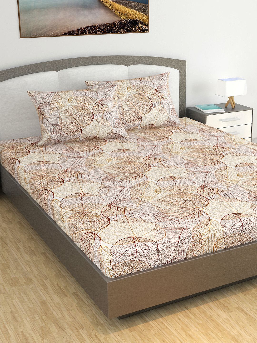 Divine Casa Brown Floral 144 TC Cotton 1 King Bedsheet with 2 Pillow Covers Price in India