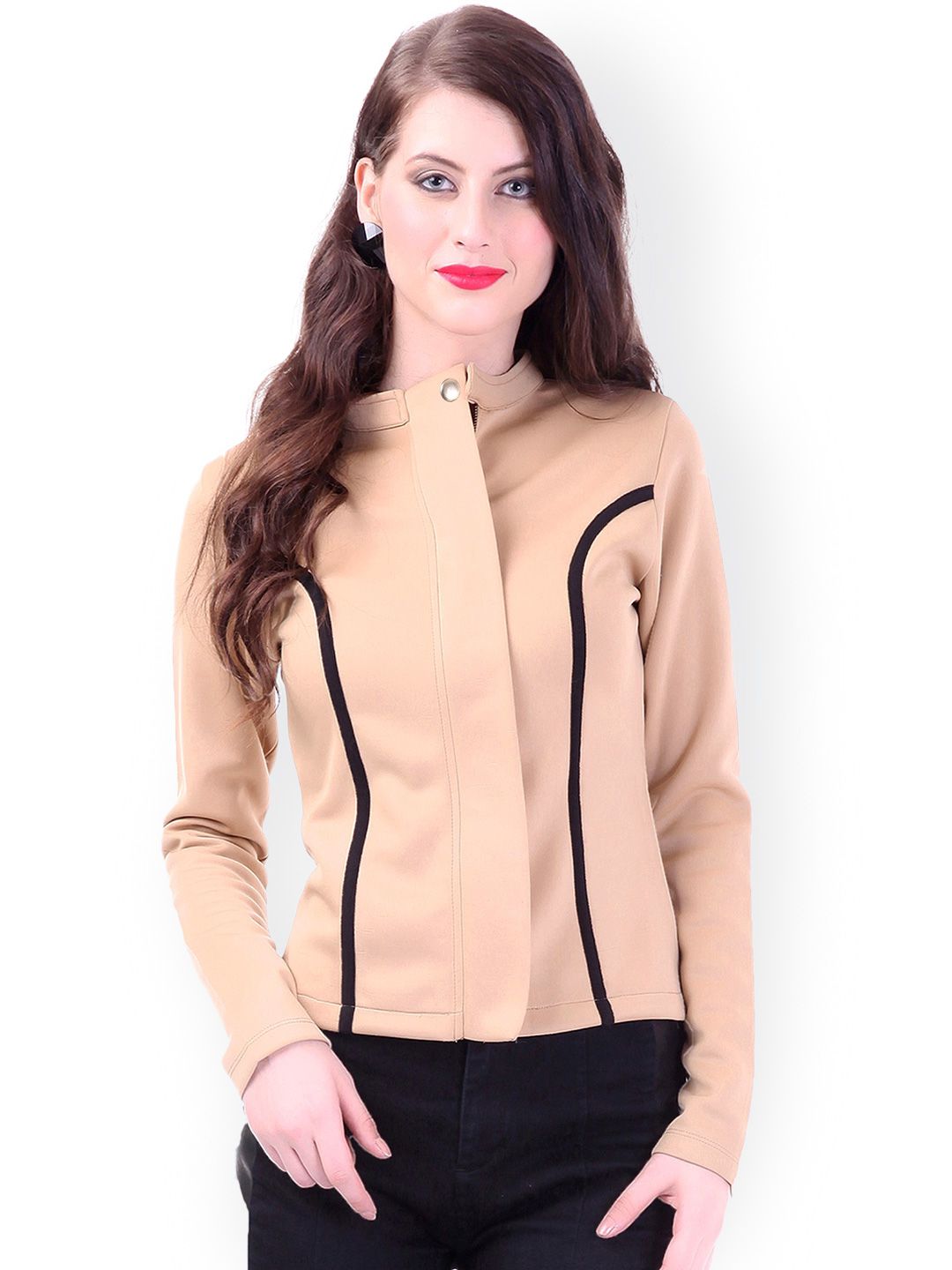 SASSAFRAS Women Beige Slim Fit Biker Jacket Price in India