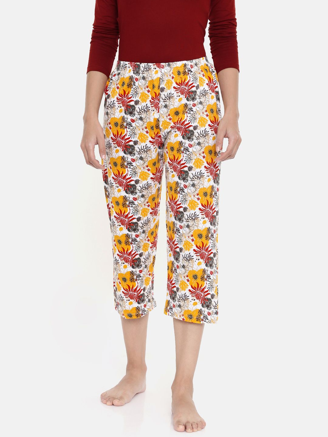 zebu Women Yellow & White Printed Regular Fit Lounge pants Price in India