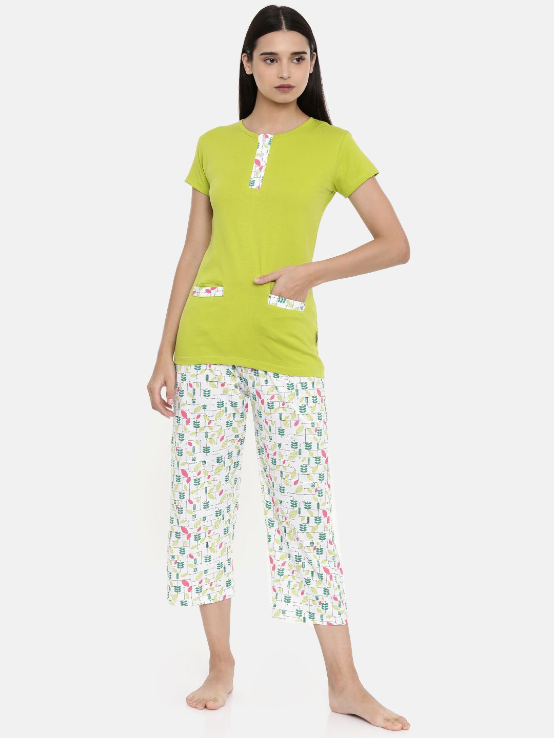 zebu Women Lime Green & White Solid Night suit Price in India