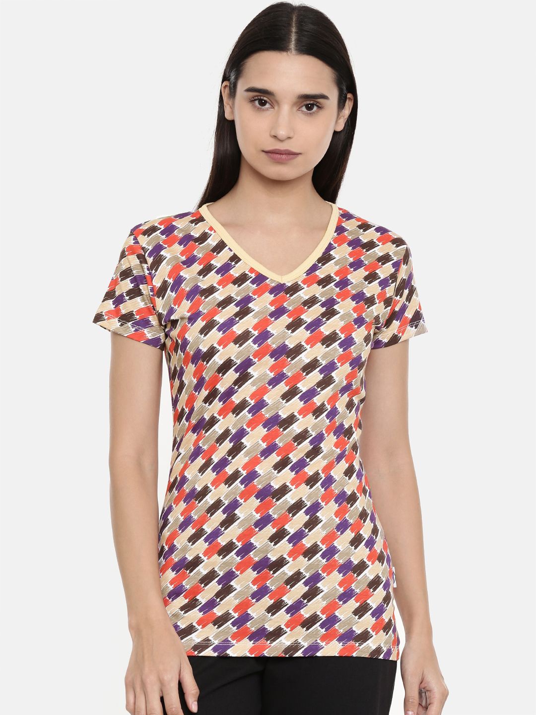 zebu Women Beige & Red Printed V-Neck Lounge T-shirt Price in India