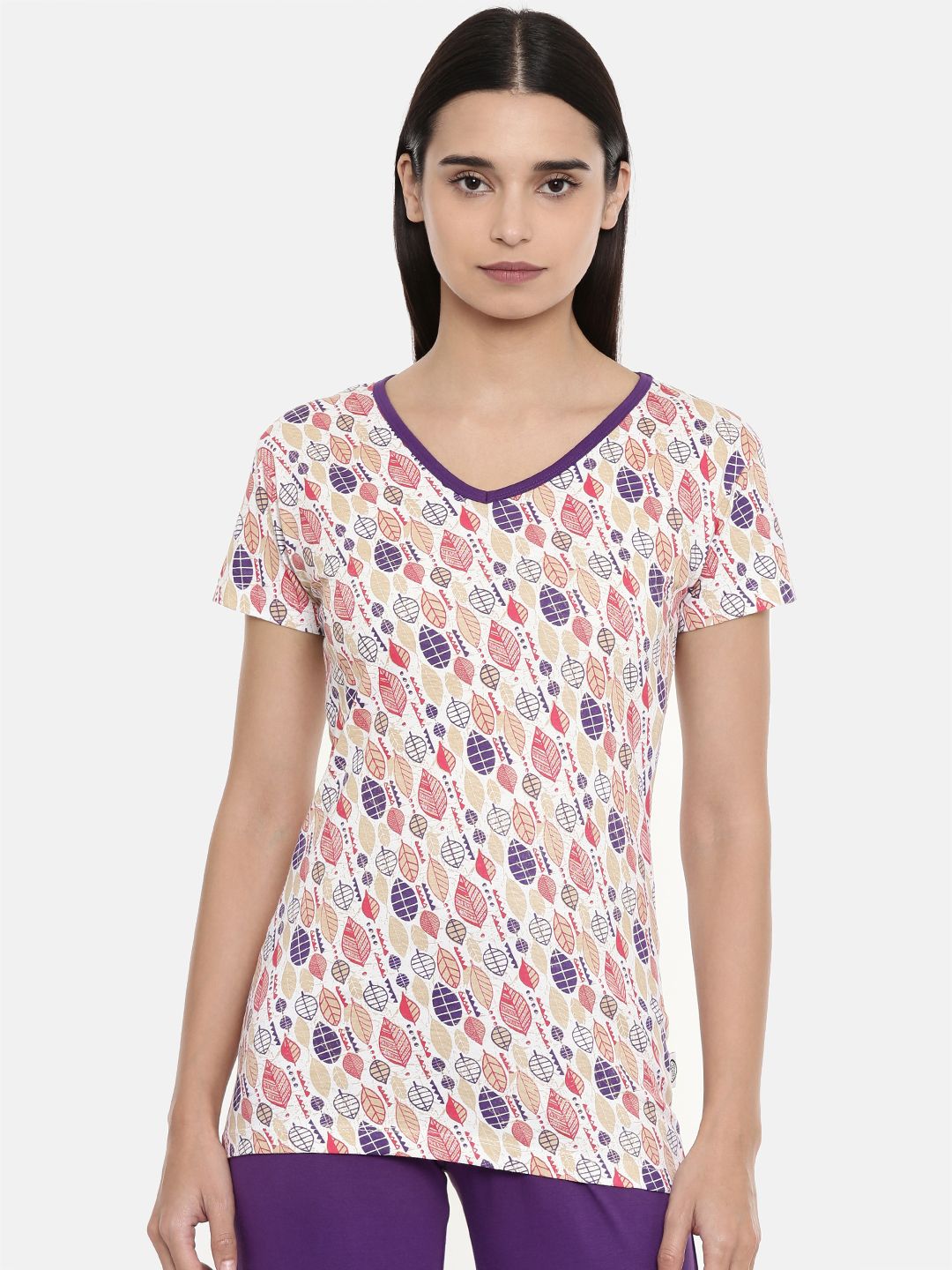 zebu Women White & Purple Printed V-Neck Lounge T-shirt Price in India