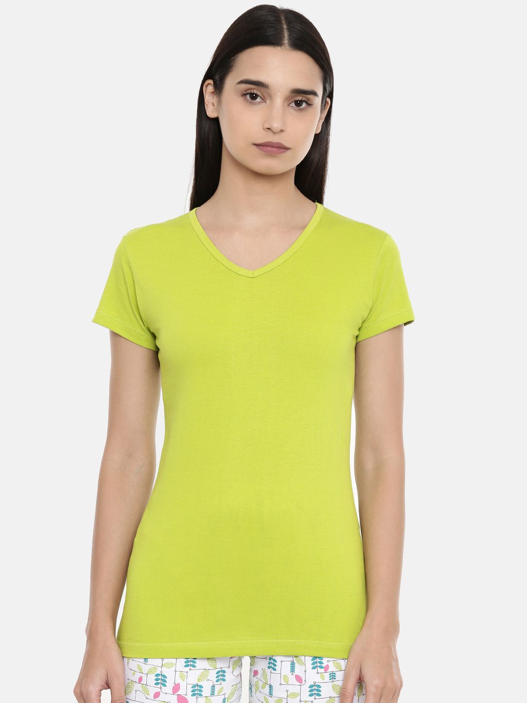 zebu Women Lime Green Solid V-Neck Lounge T-Shirt Price in India