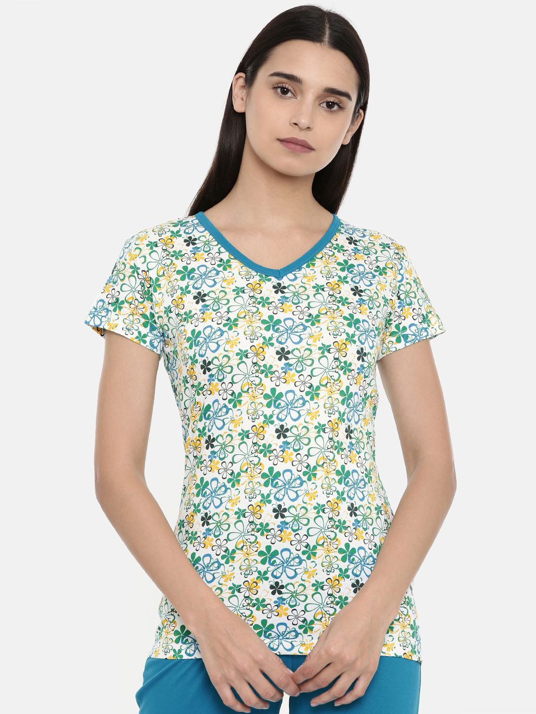 zebu Women White & Blue Printed V-Neck Lounge T-shirt Price in India