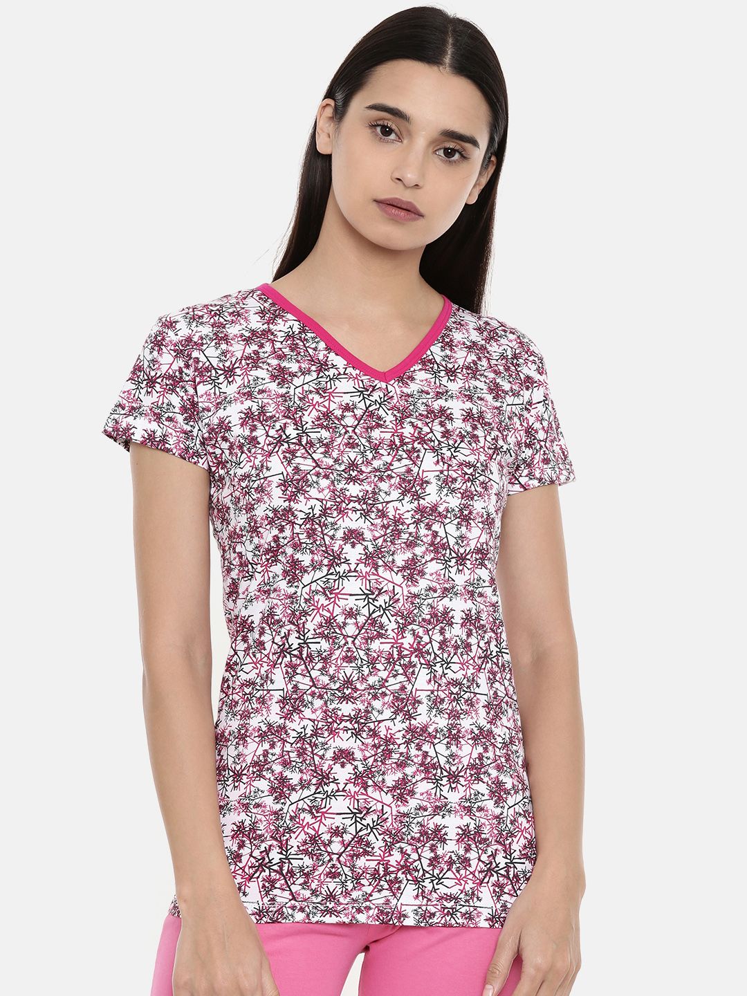 zebu Women Pink & White Printed V-Neck Lounge T-shirt Price in India