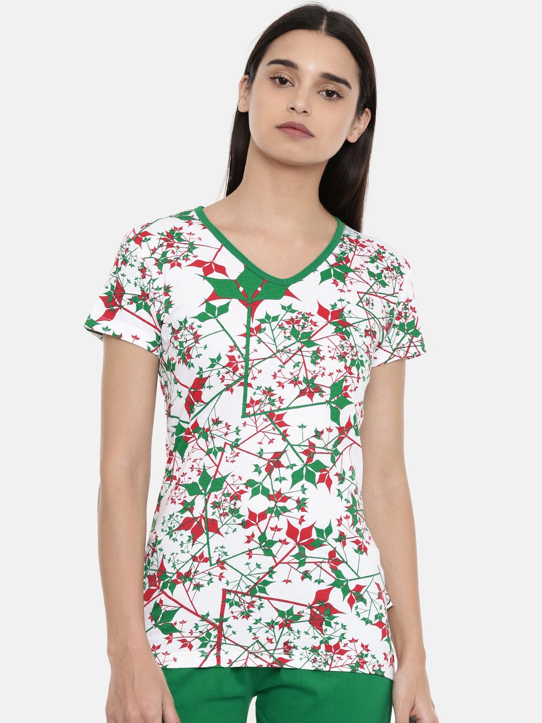 zebu Women White & Green Printed V-Neck Lounge T-shirt Price in India