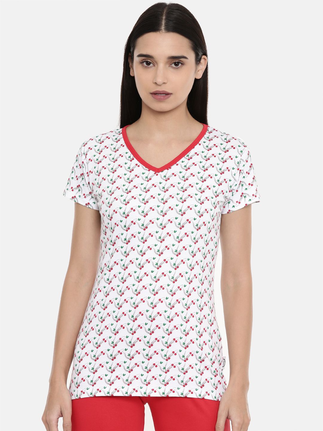 zebu Women White & Red Printed V-Neck T-shirt 299_1ZW_VN_PRI_RED_XL Price in India